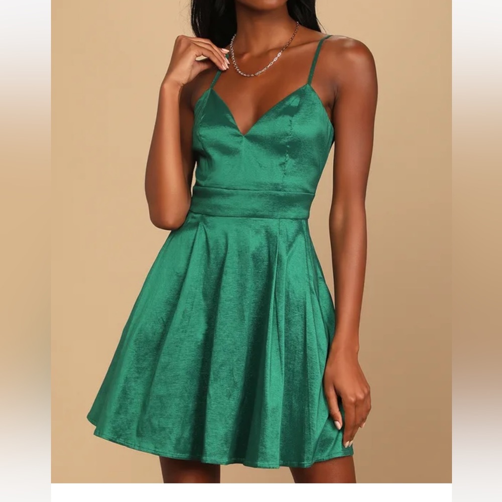 Lulus Beyond Magic Emerald Green Metallic Skater Dress